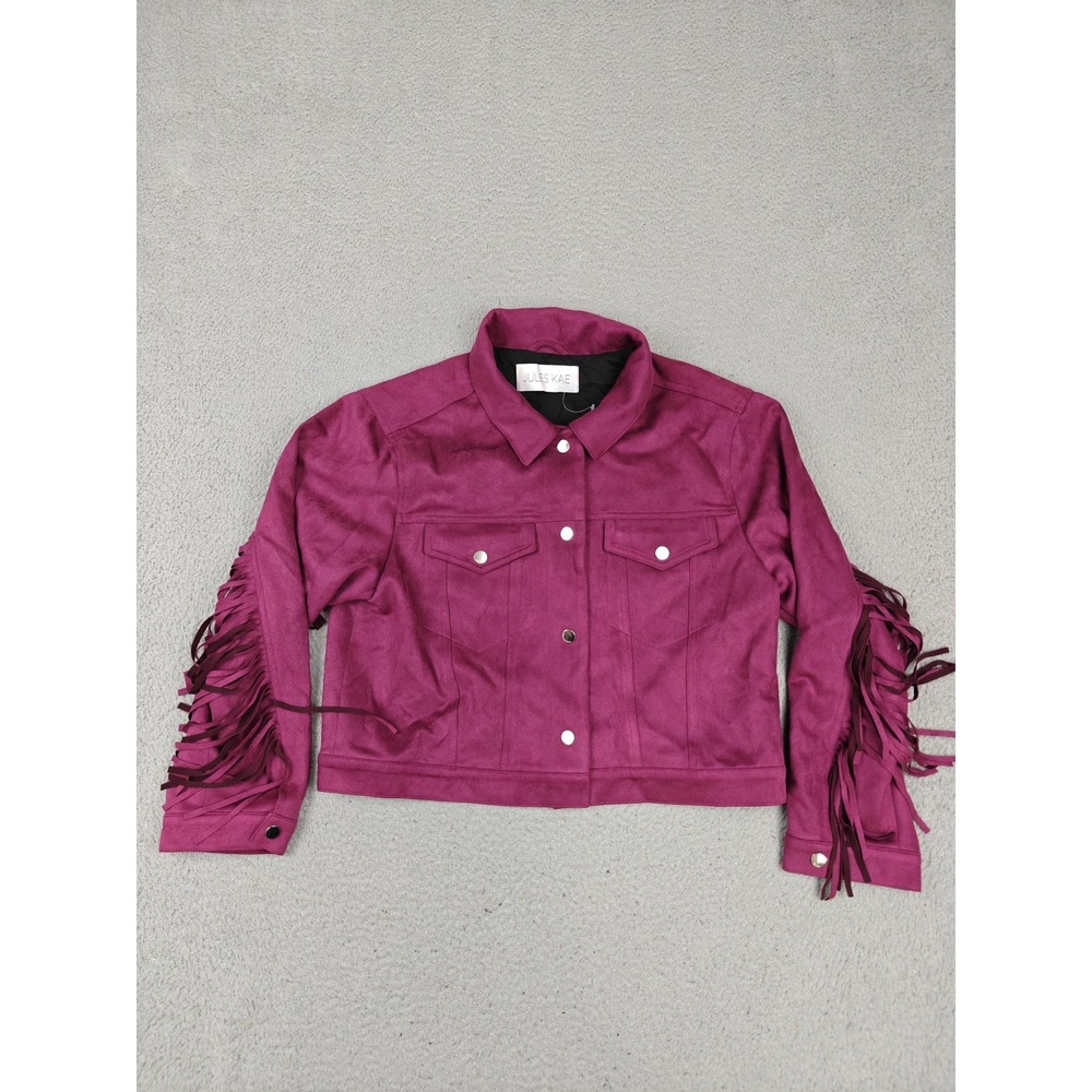 Jules Kae Jacket Womens Medium Purple Faux Suede Fringe Western Lined Cropped